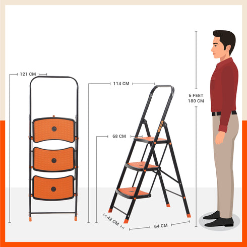 Bathla Boost Rhino 3 - Step Foldable Steel Ladder for Home (Black + Orange)